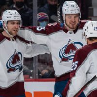 Colorado Avalanche players celebrate goal