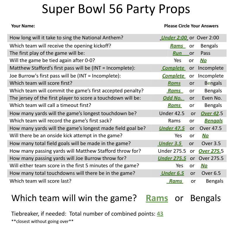 Super Bowl 56 Party Props Sheet