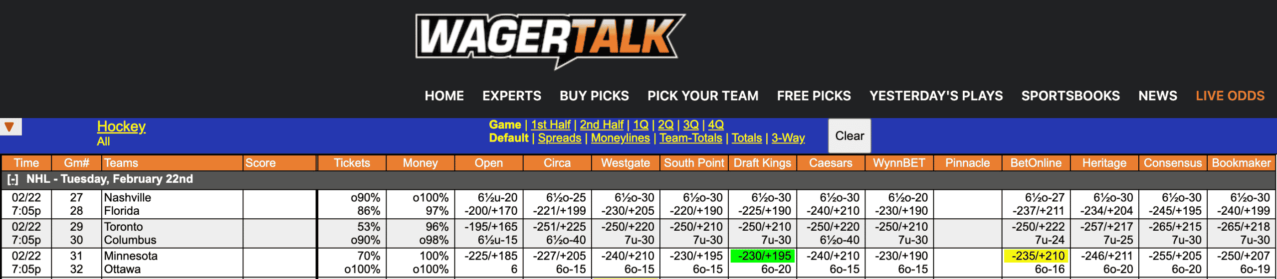 NHL Odds Feb 22