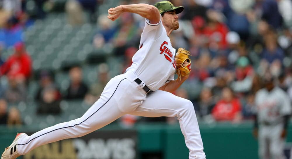 Shane Bieber of Cleveland Guardians pitches baseball