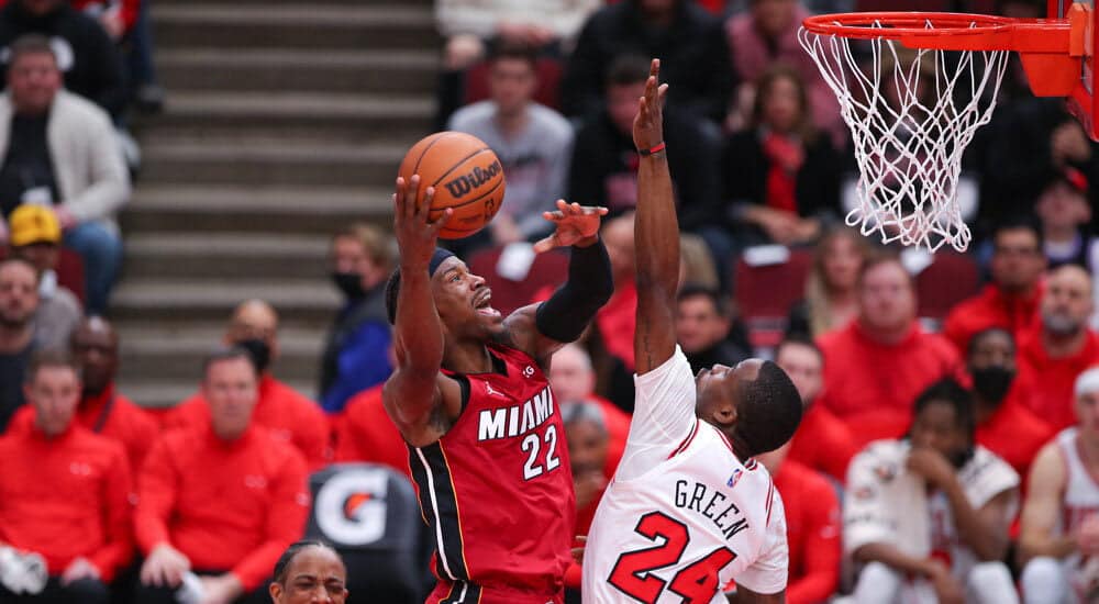 Jimmy Butler of Miami Heat attempts to hit NBA player props