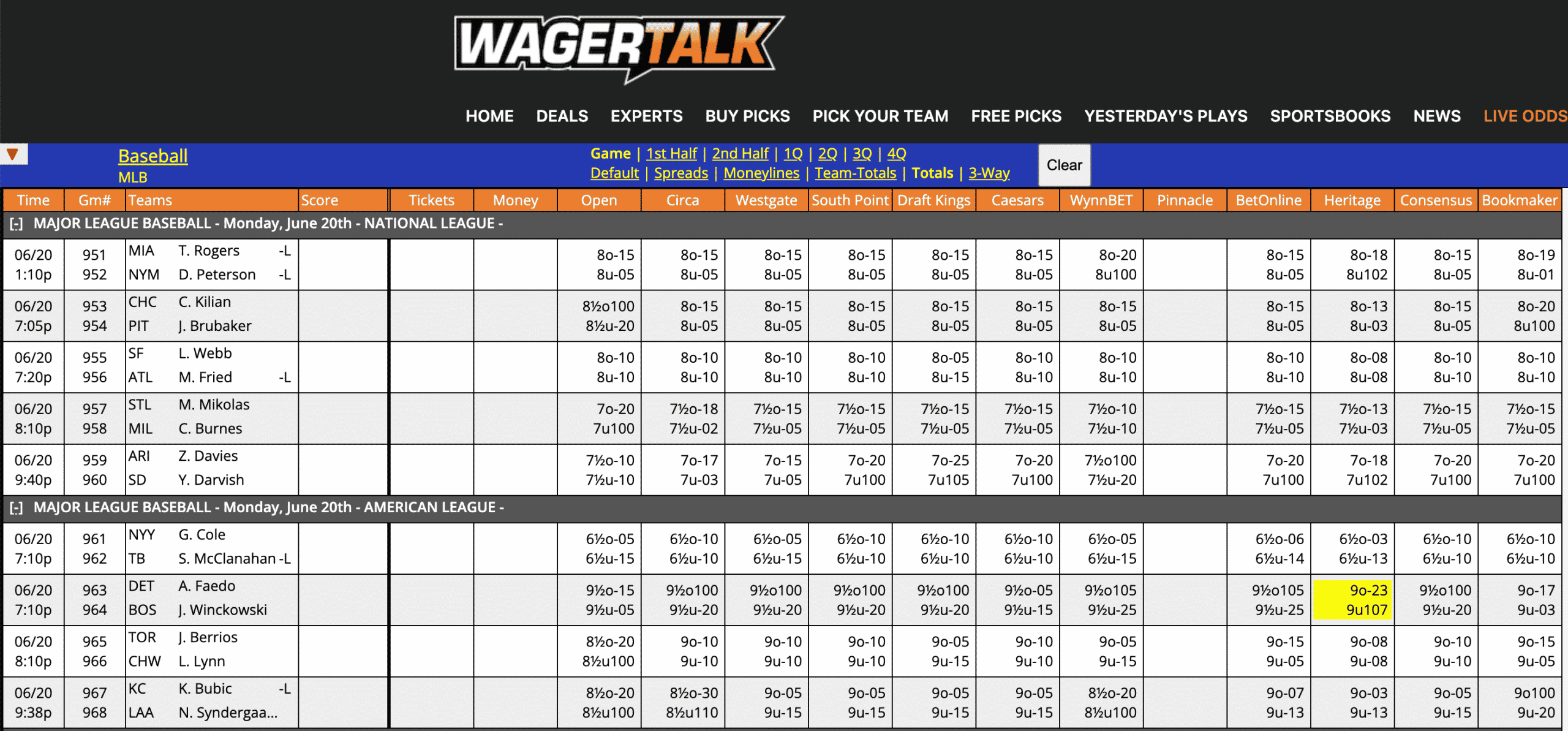 MLB Odds June 20