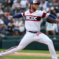 Michael Kopech of Chicago White Sox pitches baseball