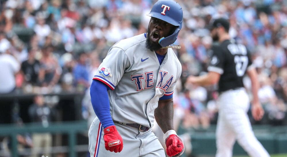 Adolis Garcia of Rangers celebrates home run