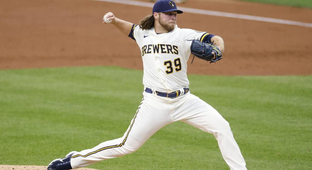 Corbin Burnes of Brewers pitches baseball