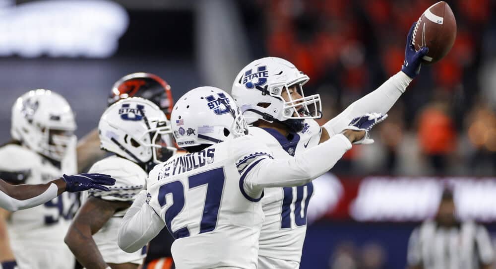 Utah State Football Players Celebrate Turnover