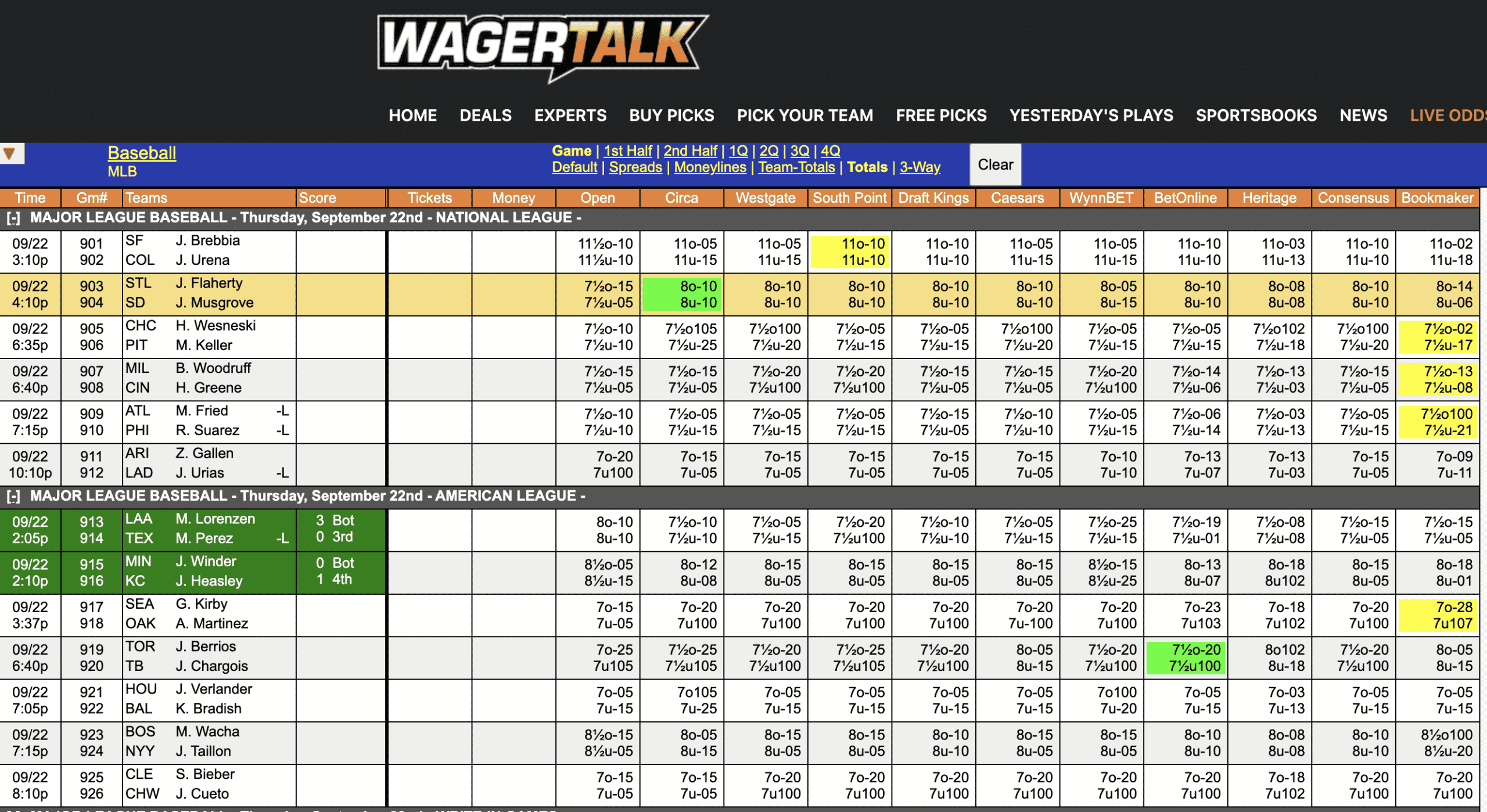 MLB Odds September 22