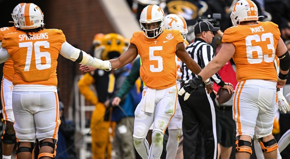 Tennessee Quarterback Celebrates With Offensive Line