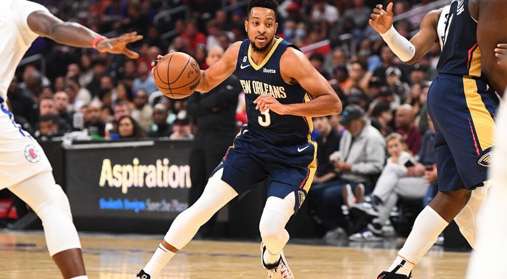 CJ McCollum of Pelicans attempts to pass NBA Player Props today