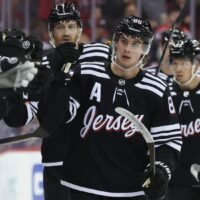 New Jersey Devils players celebrate after goal