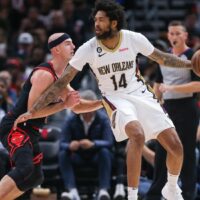Brandon Ingram of Pelicans posts up defender