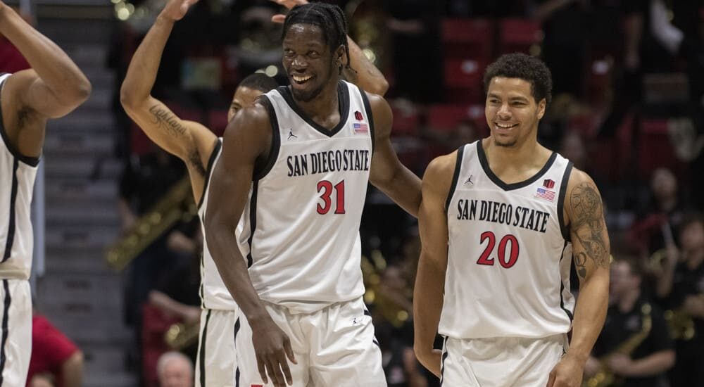 San Diego State players celebrate after play