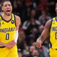 Tyrese Haliburton and Bennedict Mathurin prep for NBA Skills Challenge