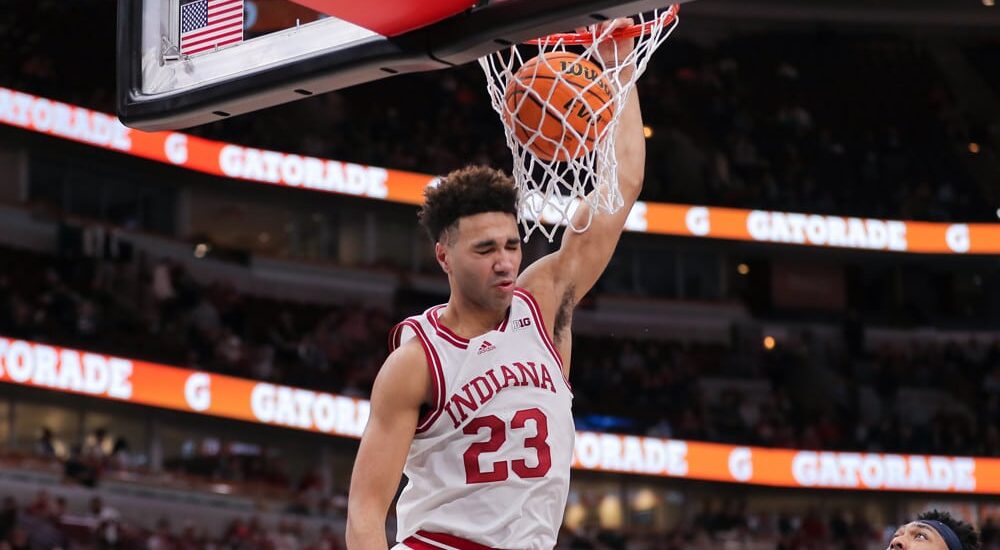 Indiana player dunks basketball