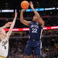 Jalen Pickett of Penn State shoots shot