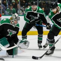 Dallas Stars player controls puck