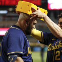 Rowdy Tellez of Brewers celebrates home run for the YRFI