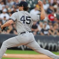 Gerrit Cole of Yankees pitches baseball in first inning