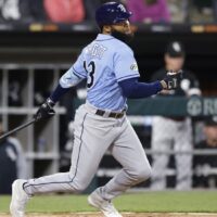 Manuel Margot hits for a RBI during baseball game for a NRFI