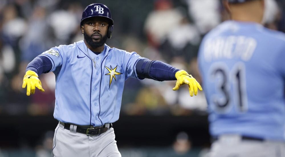 Randy Arozarena of Rays celebrates hit