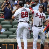 Matt Olson of Braves celebrates a NRFI