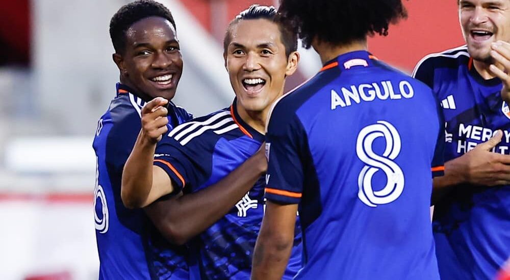 FC Cincinnati players celebrate MLS goal