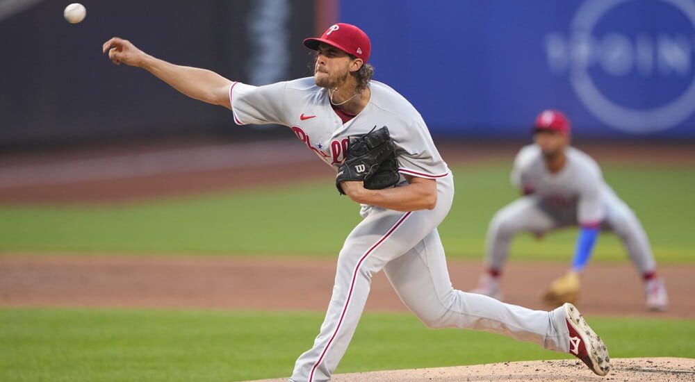 Aaron Nola pitches baseball