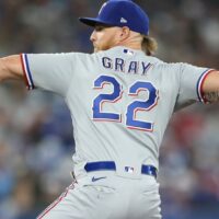 Jon Gray of Rangers pitches baseball