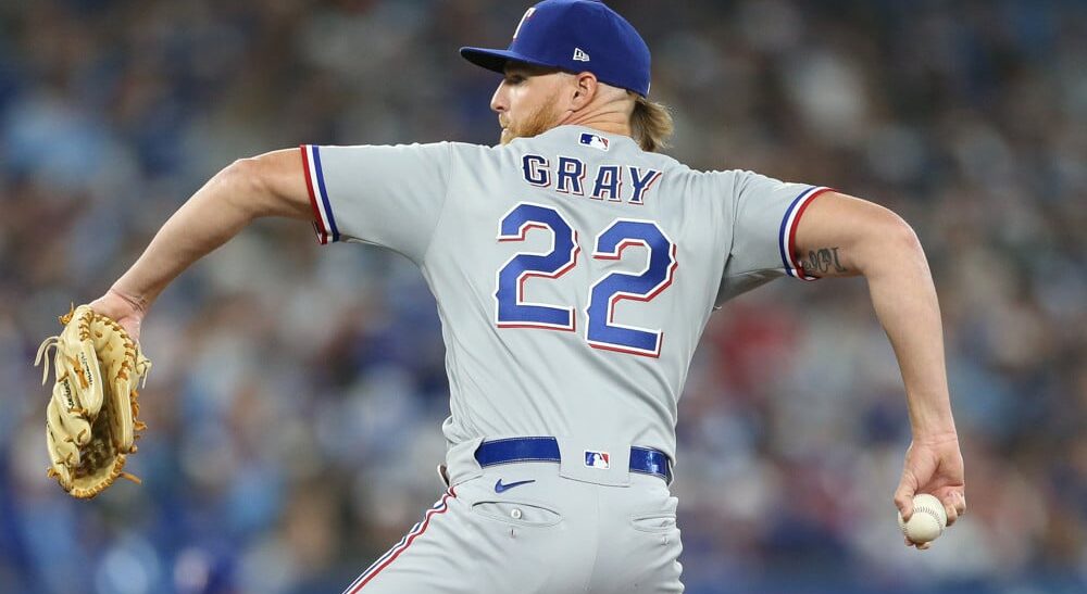 Jon Gray of Rangers pitches baseball