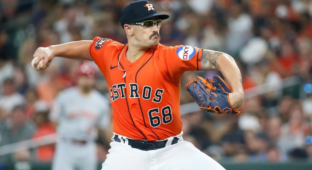 J.P. France of Astros pitches MLB baseball