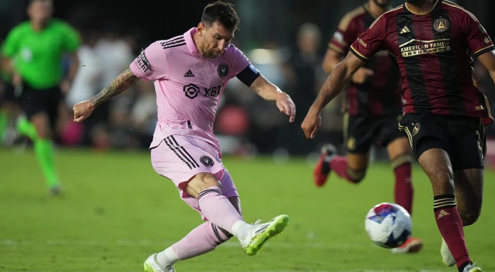 Lionel Messi of Inter Miami kicks ball in MLS