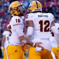 Arizona State Football quarterback and tight end celebrate play