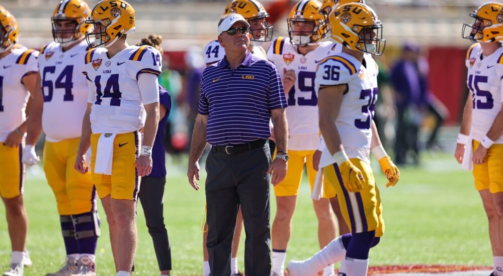 LSU Football coach Brian Kelly practices with players before LSU vs Mississippi State
