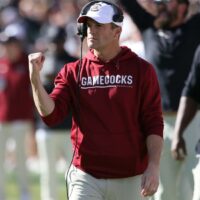 South Carolina Football head coach Shane Beamer celebrates play