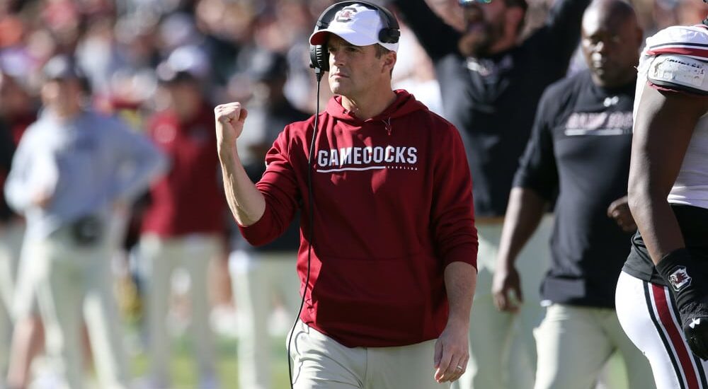 South Carolina Football head coach Shane Beamer celebrates play