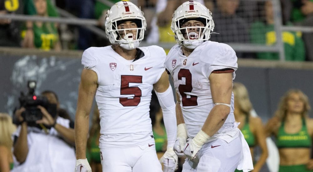 Stanford Football players celebrate after big play