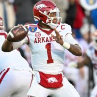 Arkansas Football QB KJ Jefferson throws pass