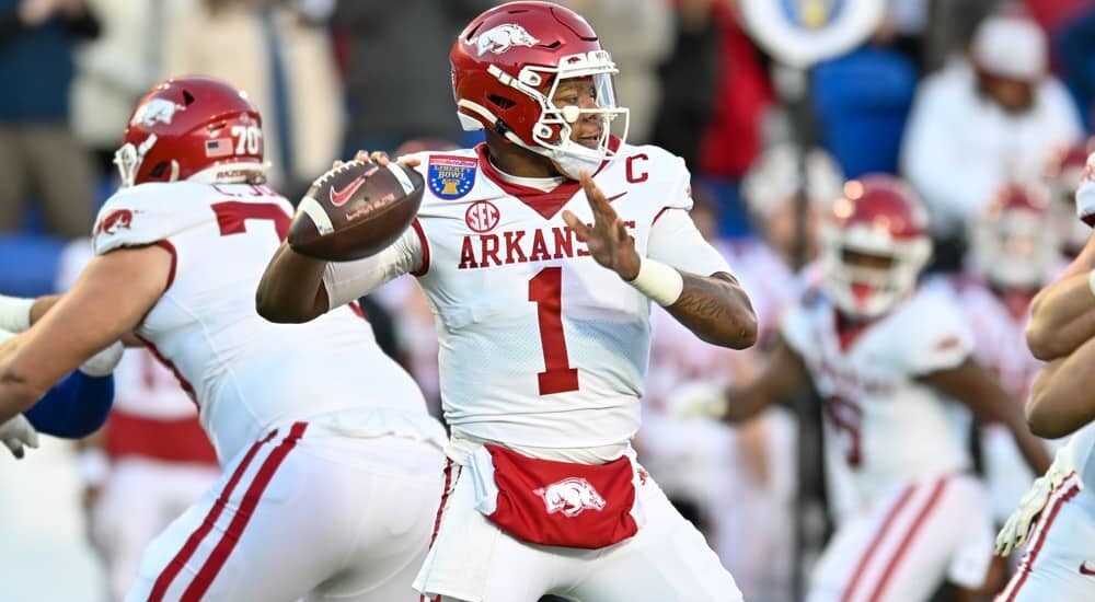 Arkansas Football QB KJ Jefferson throws pass