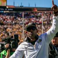 Colorado football coach celebrates before Colorado vs Colorado State