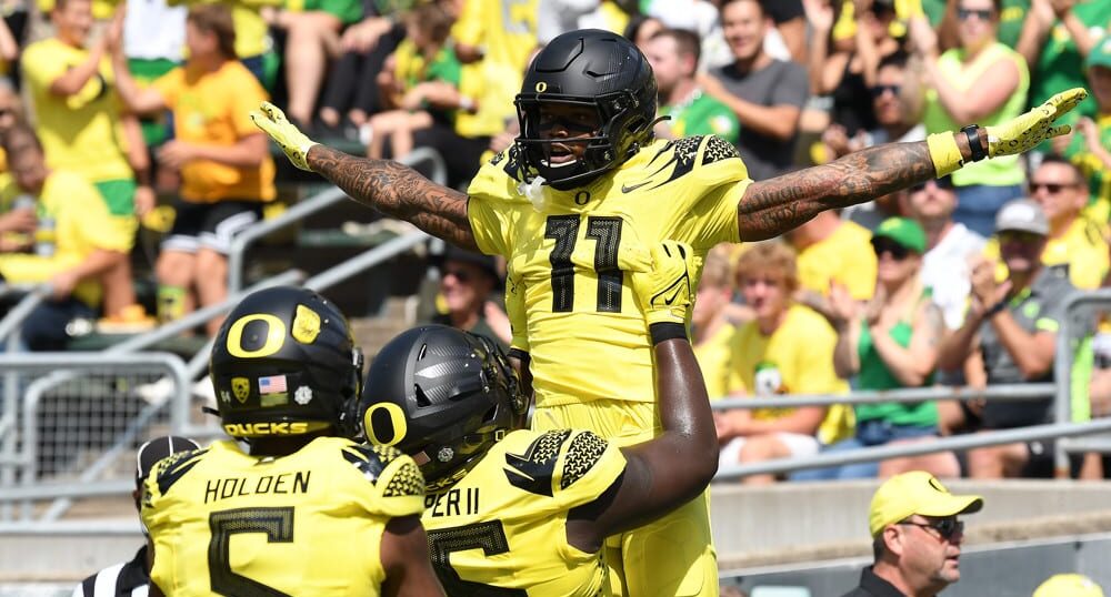 Troy Franklin celebrates after hitting college football player props